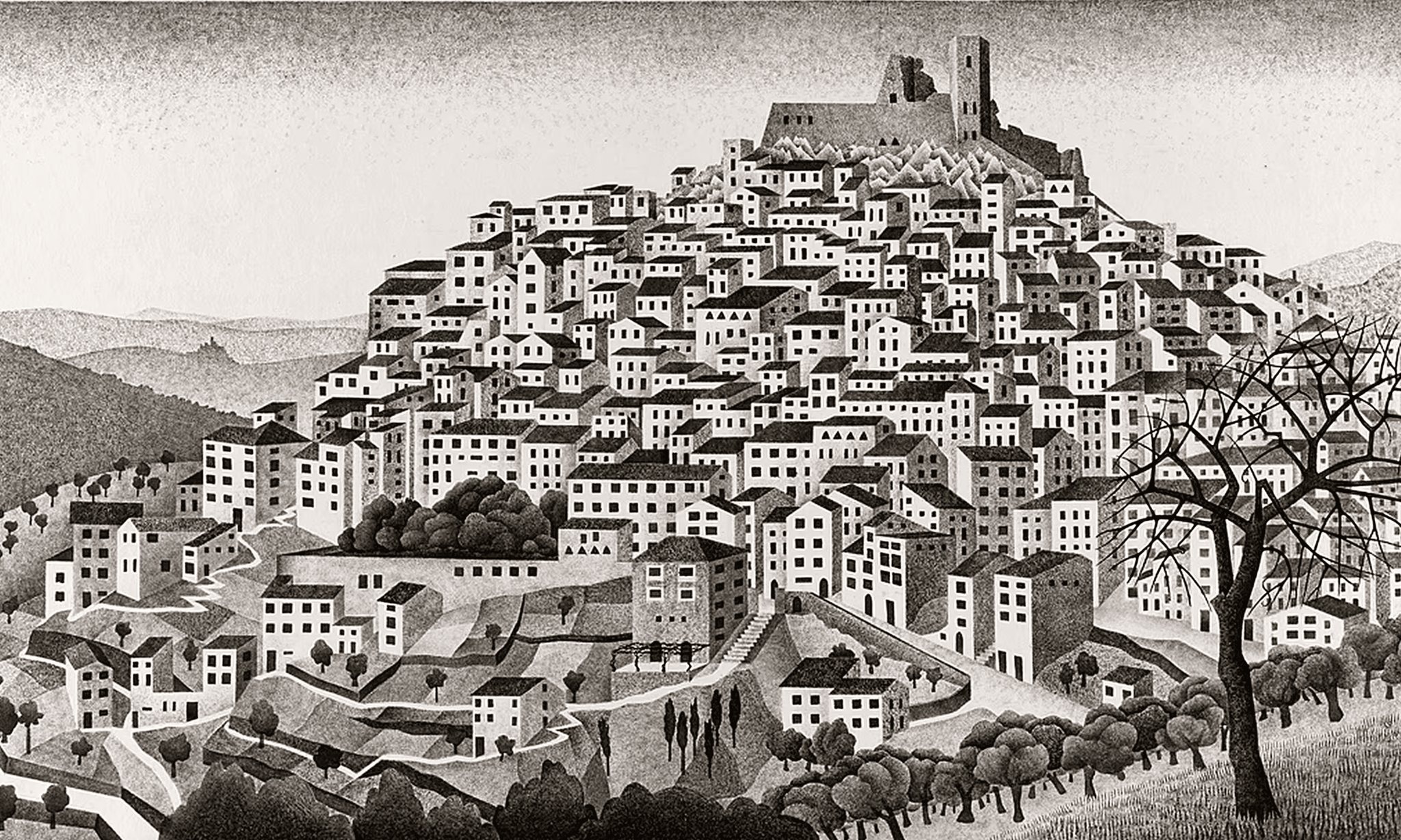 Un’opera inedita di Escher: il borgo di Montecelio tra illusioni ottiche, influenza giapponese e un mistero romantico del 1924